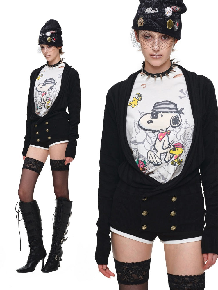 1JINN STUDIO × Snoopy Collaboration Vintage Distressed Washed Worn-Out Large Print Loose Long-Sleeve T-Shirt【s0000017834】