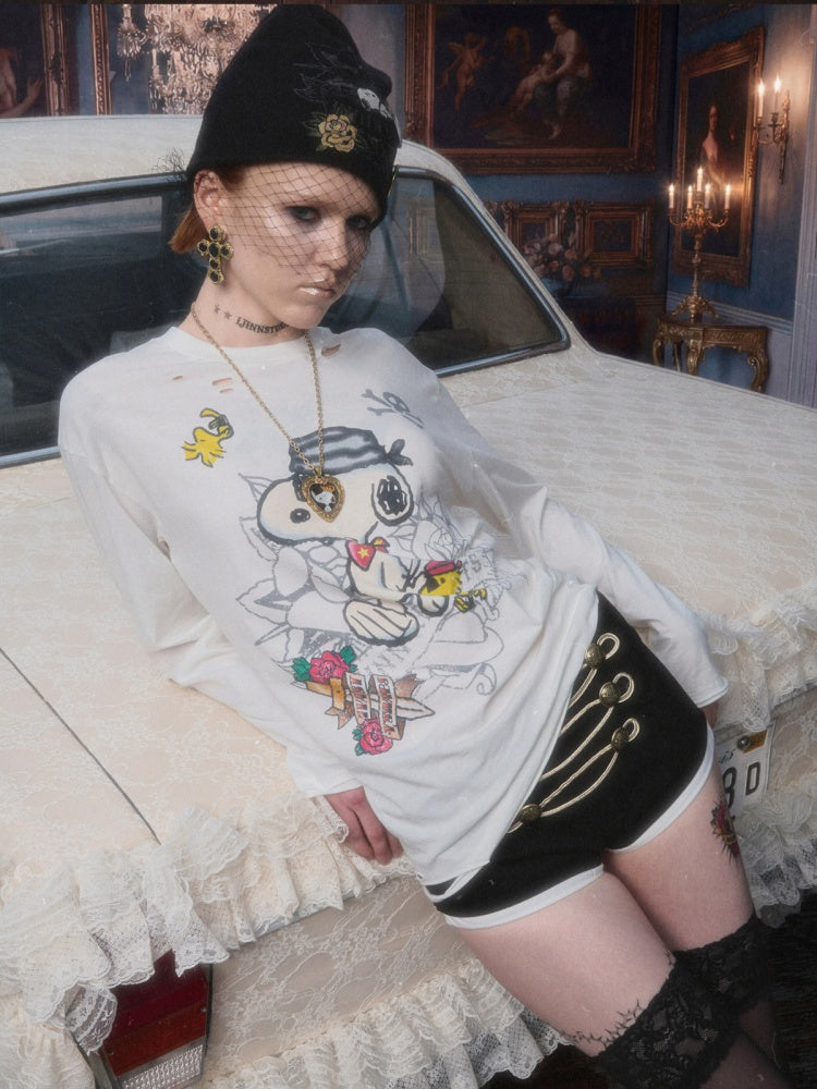 1JINN STUDIO × Snoopy Collaboration Vintage Distressed Washed Worn-Out Large Print Loose Long-Sleeve T-Shirt【s0000017834】
