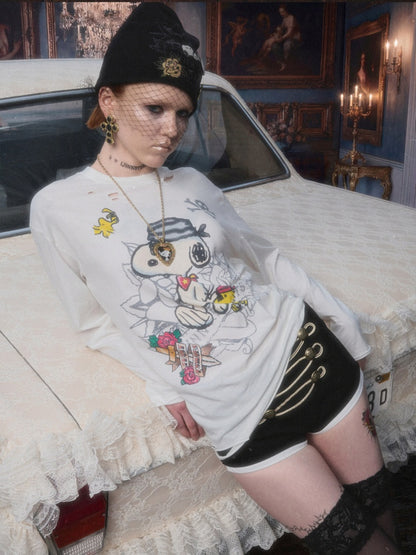 1JINN STUDIO × Snoopy Collaboration Vintage Distressed Washed Worn-Out Large Print Loose Long-Sleeve T-Shirt【s0000017834】