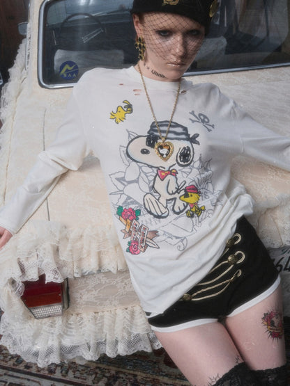 1JINN STUDIO × Snoopy Collaboration Vintage Distressed Washed Worn-Out Large Print Loose Long-Sleeve T-Shirt【s0000017834】