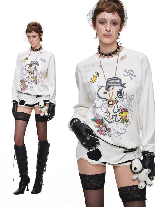 1JINN STUDIO × Snoopy Collaboration Vintage Distressed Washed Worn-Out Large Print Loose Long-Sleeve T-Shirt【s0000017834】