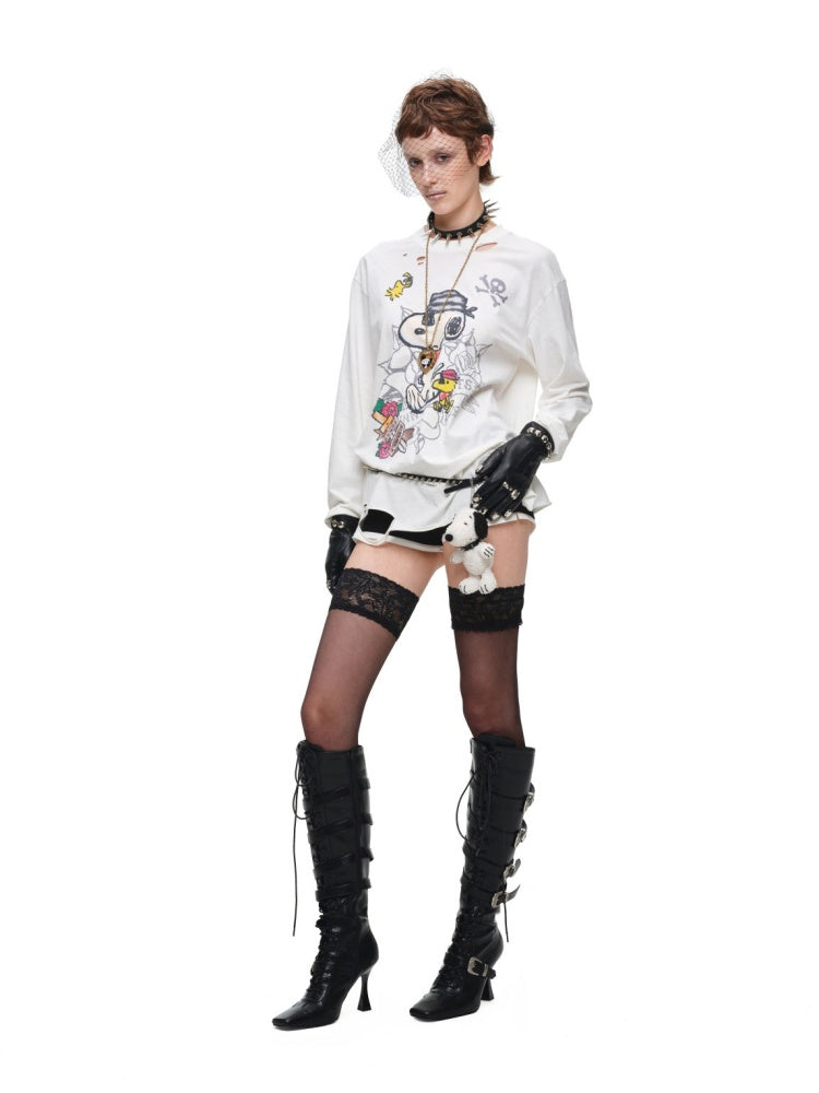 1JINN STUDIO × Snoopy Collaboration Vintage Distressed Washed Worn-Out Large Print Loose Long-Sleeve T-Shirt【s0000017834】