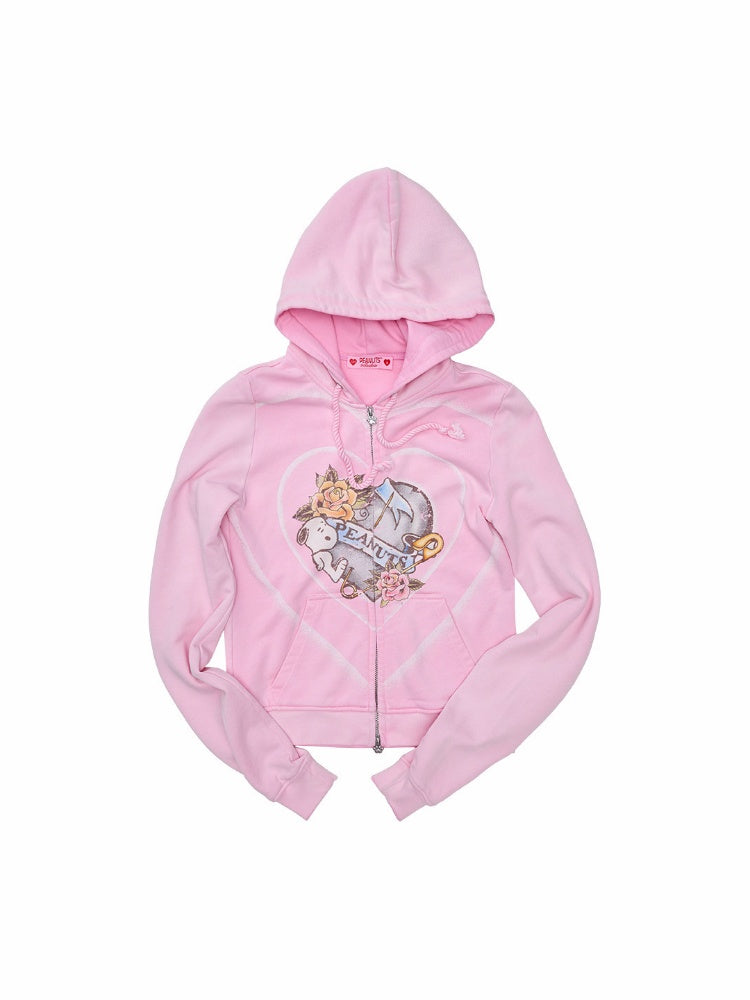 1 JINN STUDIO x Snoopy Collaboration Vintage Printed Washed Cardigan Hoodie Sweatshirt Sweatpants Two-Piece Set【s0000017835】