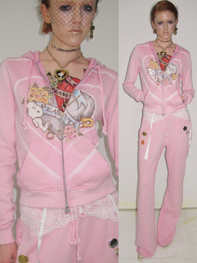 1 JINN STUDIO x Snoopy Collaboration Vintage Printed Washed Cardigan Hoodie Sweatshirt Sweatpants Two-Piece Set【s0000017835】