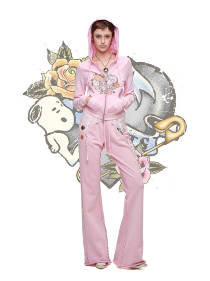 1 JINN STUDIO x Snoopy Collaboration Vintage Printed Washed Cardigan Hoodie Sweatshirt Sweatpants Two-Piece Set【s0000017835】