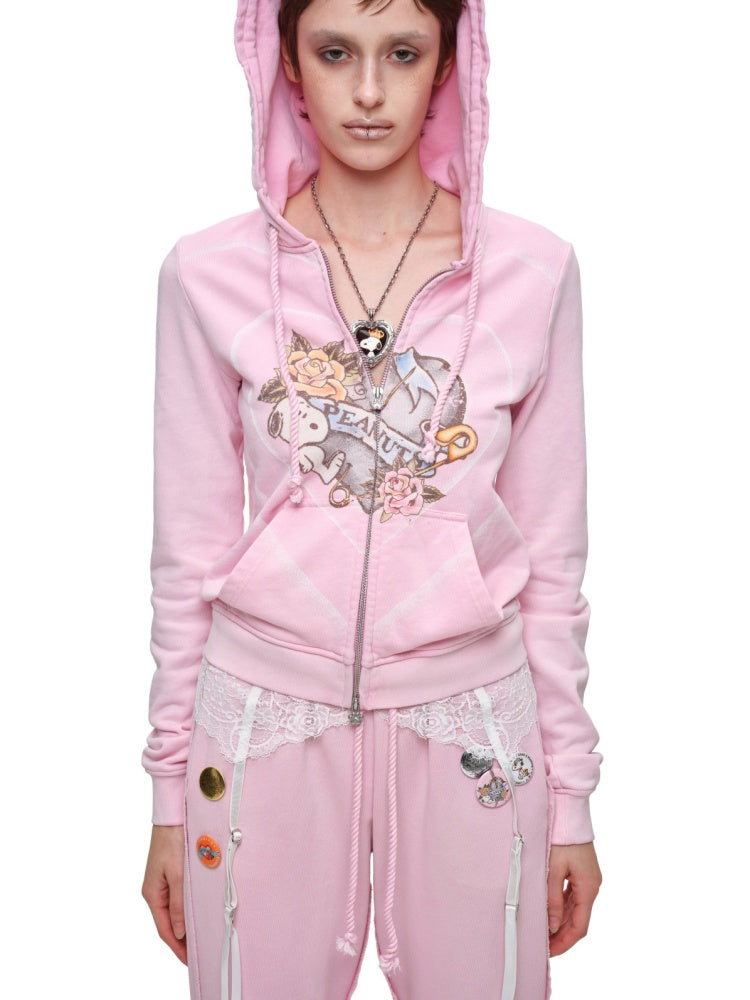 1 JINN STUDIO x Snoopy Collaboration Vintage Printed Washed Cardigan Hoodie Sweatshirt Sweatpants Two-Piece Set【s0000017835】