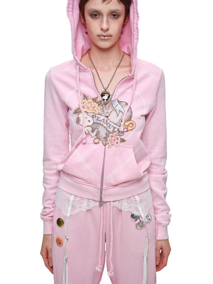 1 JINN STUDIO x Snoopy Collaboration Vintage Printed Washed Cardigan Hoodie Sweatshirt Sweatpants Two-Piece Set【s0000017835】