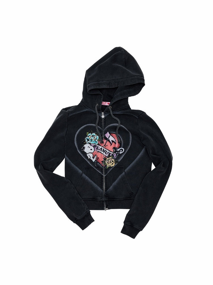 1 JINN STUDIO x Snoopy Collaboration Vintage Printed Washed Cardigan Hoodie Sweatshirt Sweatpants Two-Piece Set【s0000017835】