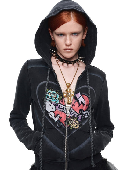 1 JINN STUDIO x Snoopy Collaboration Vintage Printed Washed Cardigan Hoodie Sweatshirt Sweatpants Two-Piece Set【s0000017835】