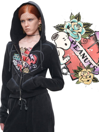 1 JINN STUDIO x Snoopy Collaboration Vintage Printed Washed Cardigan Hoodie Sweatshirt Sweatpants Two-Piece Set【s0000017835】