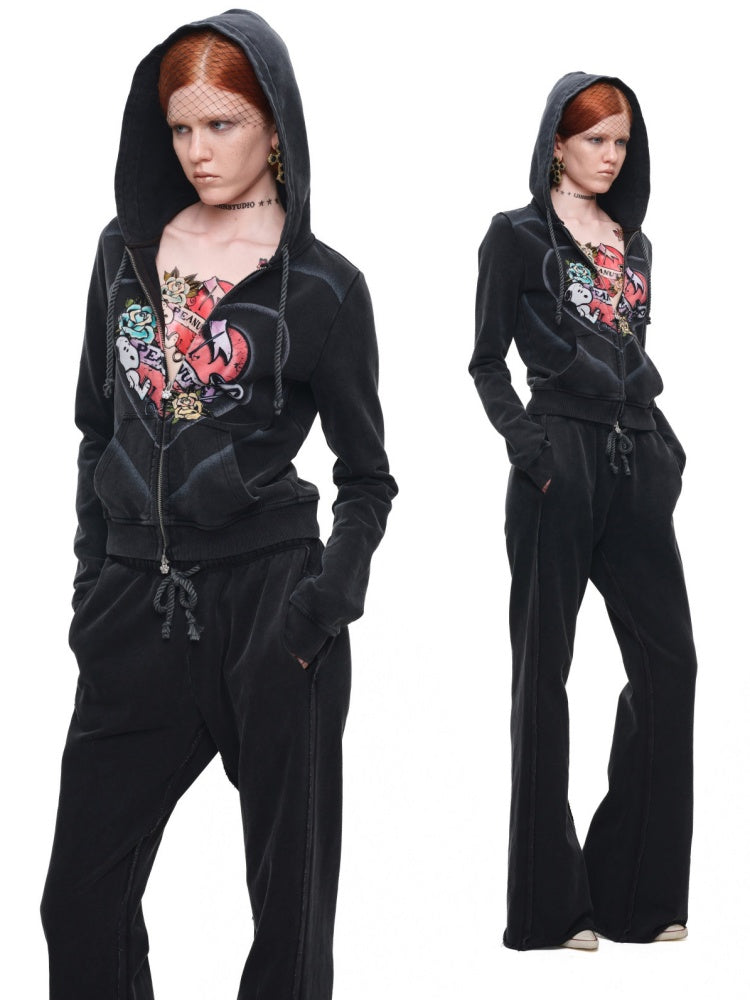 1 JINN STUDIO x Snoopy Collaboration Vintage Printed Washed Cardigan Hoodie Sweatshirt Sweatpants Two-Piece Set【s0000017835】
