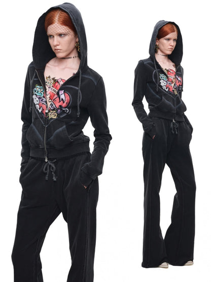 1 JINN STUDIO x Snoopy Collaboration Vintage Printed Washed Cardigan Hoodie Sweatshirt Sweatpants Two-Piece Set【s0000017835】