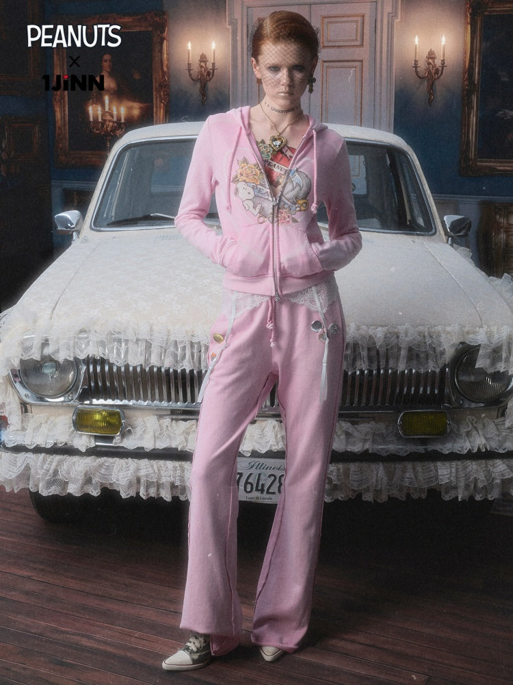 1 JINN STUDIO x Snoopy Collaboration Vintage Printed Washed Cardigan Hoodie Sweatshirt Sweatpants Two-Piece Set【s0000017835】