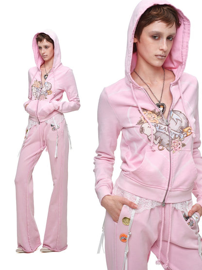 1 JINN STUDIO x Snoopy Collaboration Vintage Printed Washed Cardigan Hoodie Sweatshirt Sweatpants Two-Piece Set【s0000017835】