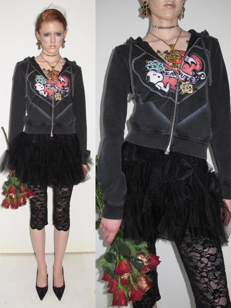 1 JINN STUDIO x Snoopy Collaboration Vintage Printed Washed Cardigan Hoodie Sweatshirt Sweatpants Two-Piece Set【s0000017835】