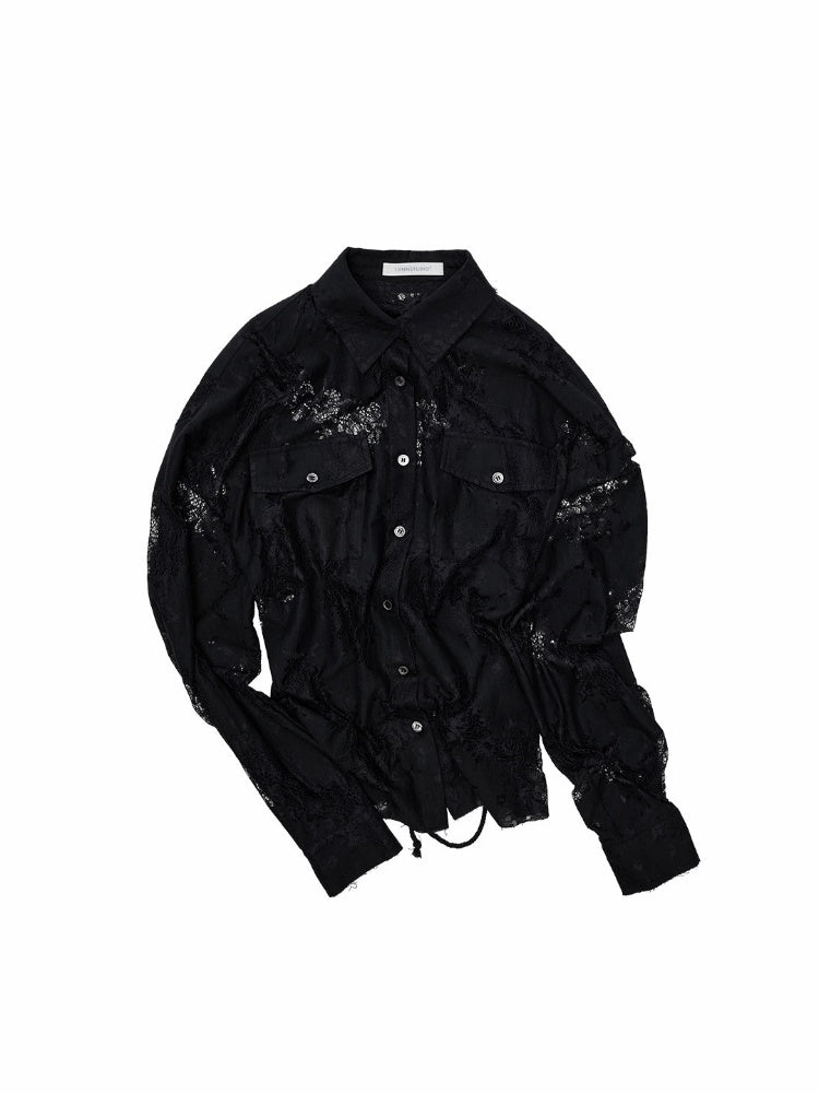 Vintage Jacquard Lace Loose Silhouette Shirt Waist-Cinching Hem Frayed Subtle Sheer Tops【s0000017836】