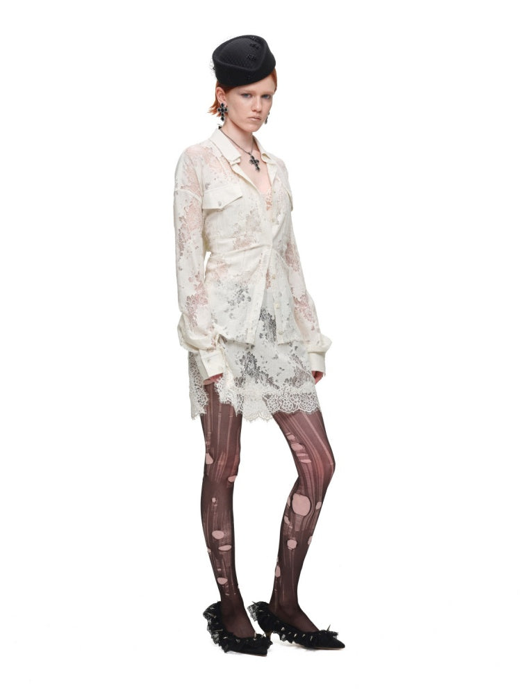 Vintage Jacquard Lace Loose Silhouette Shirt Waist-Cinching Hem Frayed Subtle Sheer Tops【s0000017836】