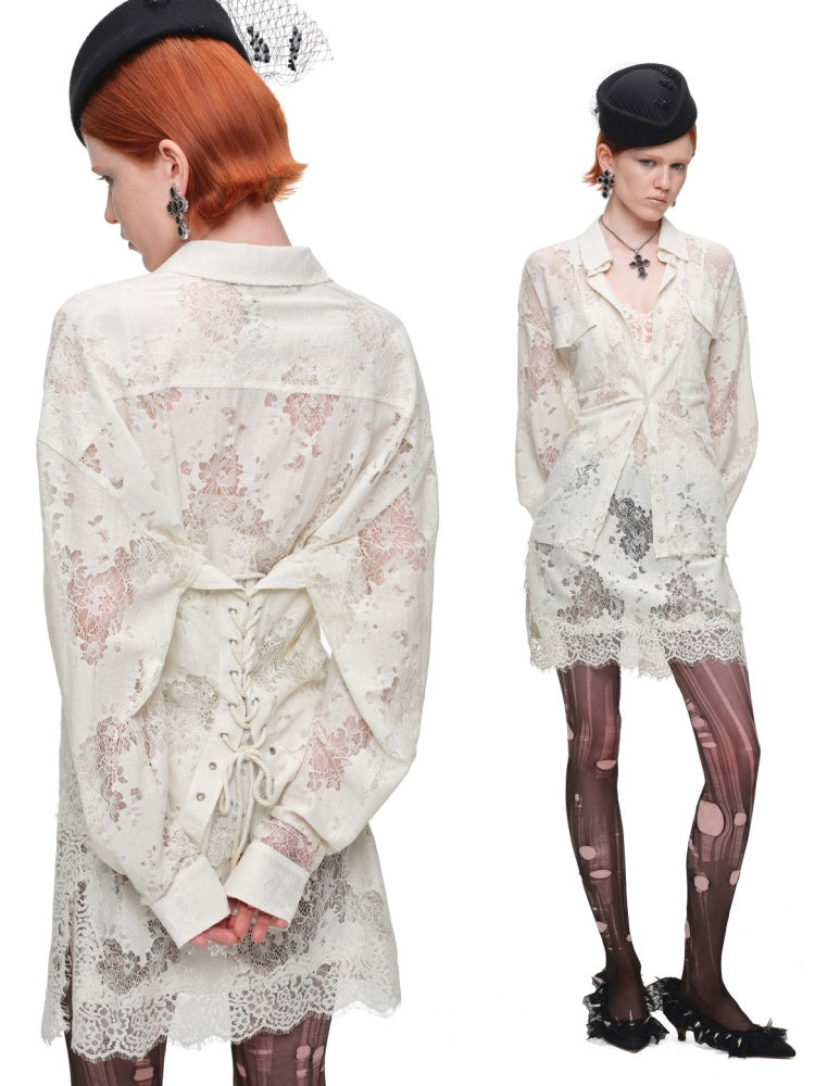 Vintage Jacquard Lace Loose Silhouette Shirt Waist-Cinching Hem Frayed Subtle Sheer Tops【s0000017836】