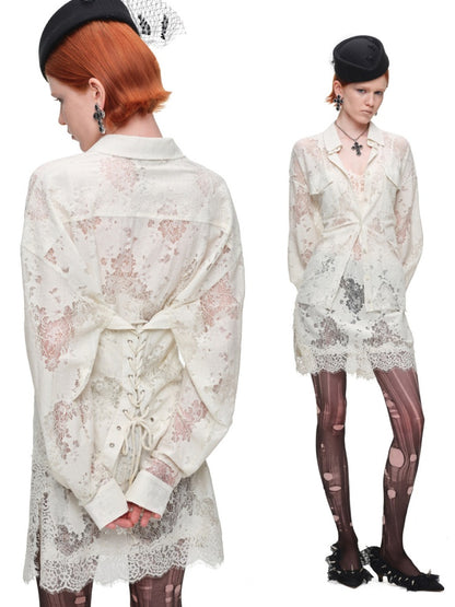 Vintage Jacquard Lace Loose Silhouette Shirt Waist-Cinching Hem Frayed Subtle Sheer Tops【s0000017836】