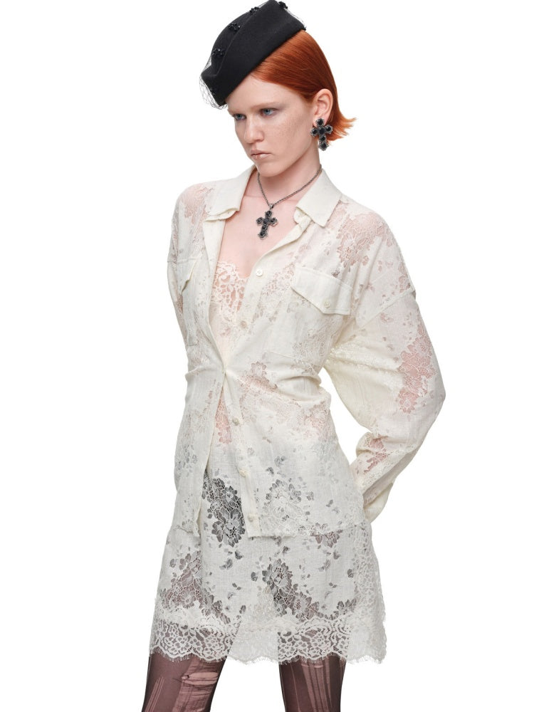 Vintage Jacquard Lace Loose Silhouette Shirt Waist-Cinching Hem Frayed Subtle Sheer Tops【s0000017836】