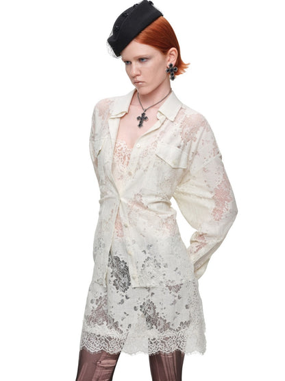 Vintage Jacquard Lace Loose Silhouette Shirt Waist-Cinching Hem Frayed Subtle Sheer Tops【s0000017836】