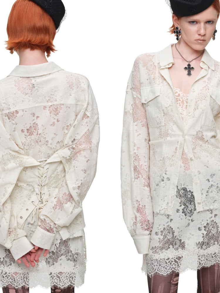 Vintage Jacquard Lace Loose Silhouette Shirt Waist-Cinching Hem Frayed Subtle Sheer Tops【s0000017836】