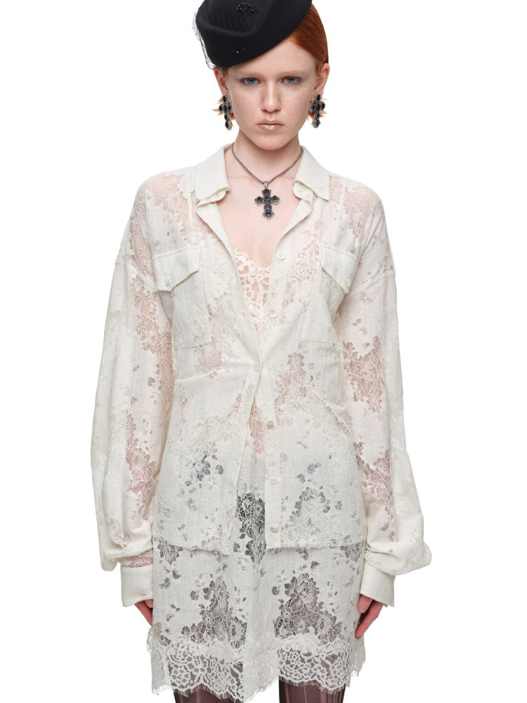 Vintage Jacquard Lace Loose Silhouette Shirt Waist-Cinching Hem Frayed Subtle Sheer Tops【s0000017836】