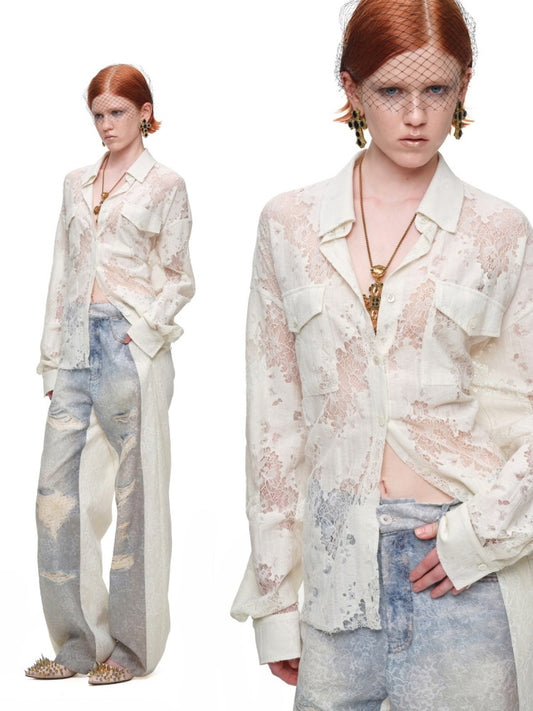 Vintage Jacquard Lace Loose Silhouette Shirt Waist-Cinching Hem Frayed Subtle Sheer Tops【s0000017836】