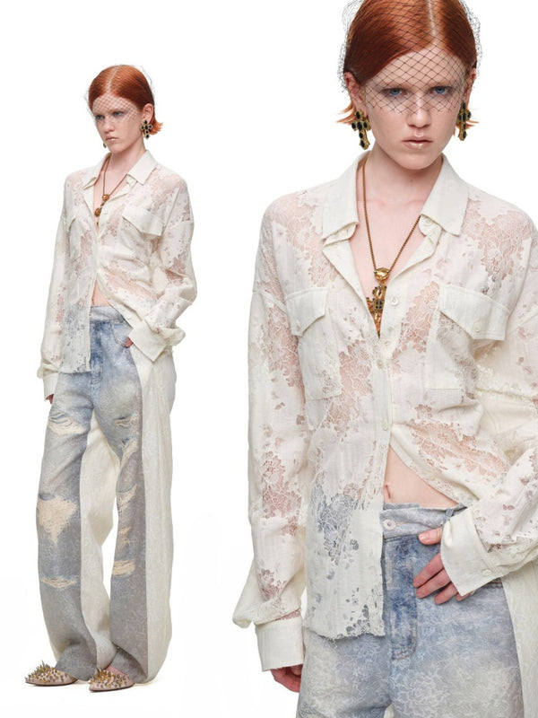 Vintage Jacquard Lace Loose Silhouette Shirt Waist-Cinching Hem Frayed Subtle Sheer Tops【s0000017836】