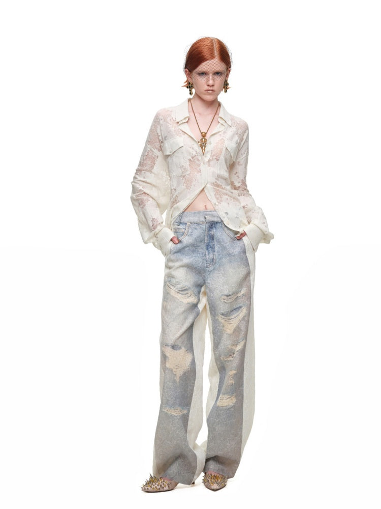 Vintage Jacquard Lace Loose Silhouette Shirt Waist-Cinching Hem Frayed Subtle Sheer Tops【s0000017836】
