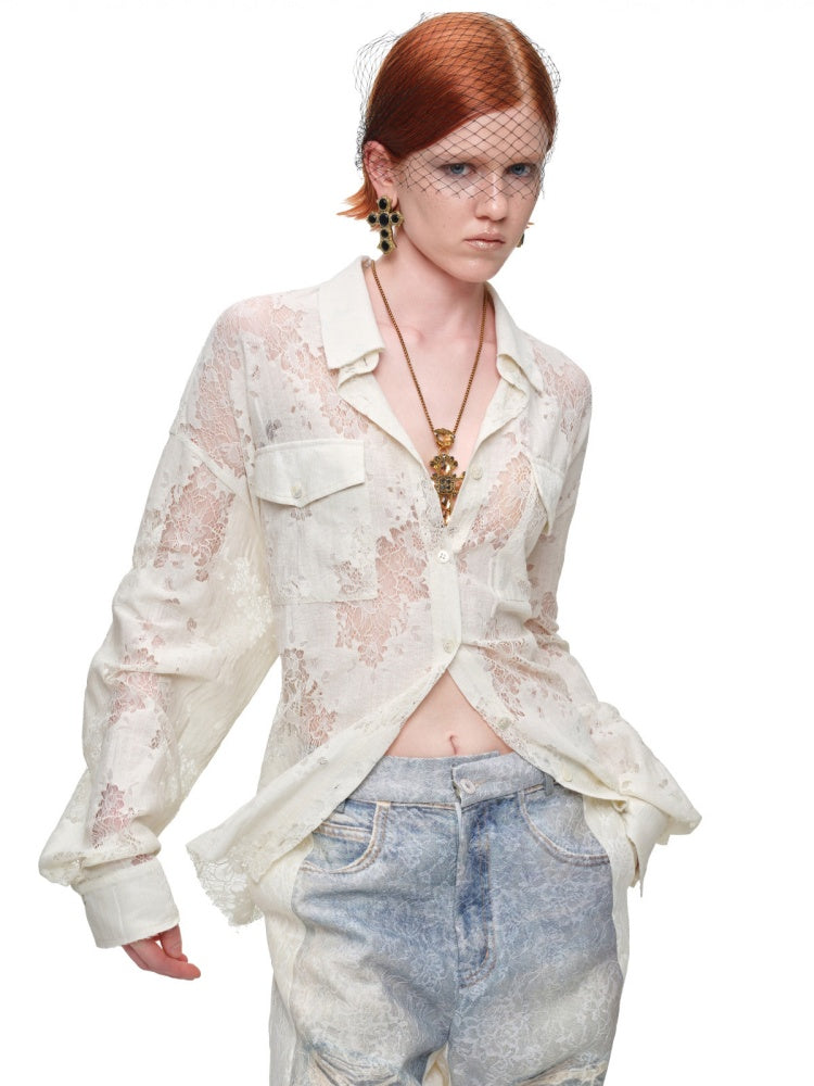 Vintage Jacquard Lace Loose Silhouette Shirt Waist-Cinching Hem Frayed Subtle Sheer Tops【s0000017836】
