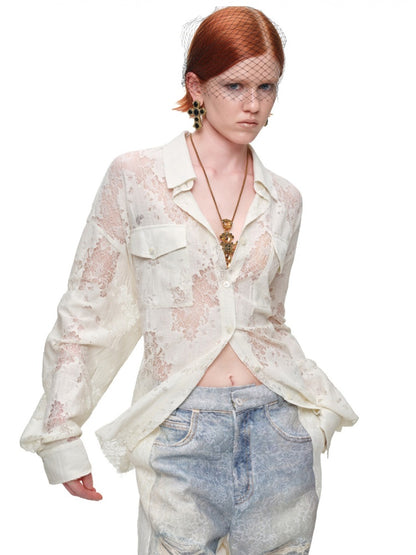 Vintage Jacquard Lace Loose Silhouette Shirt Waist-Cinching Hem Frayed Subtle Sheer Tops【s0000017836】