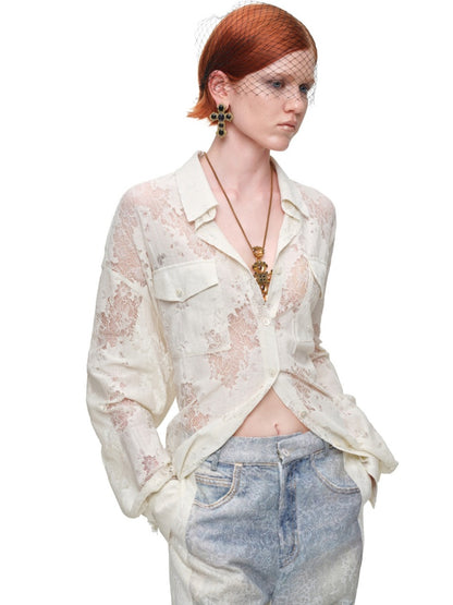 Vintage Jacquard Lace Loose Silhouette Shirt Waist-Cinching Hem Frayed Subtle Sheer Tops【s0000017836】