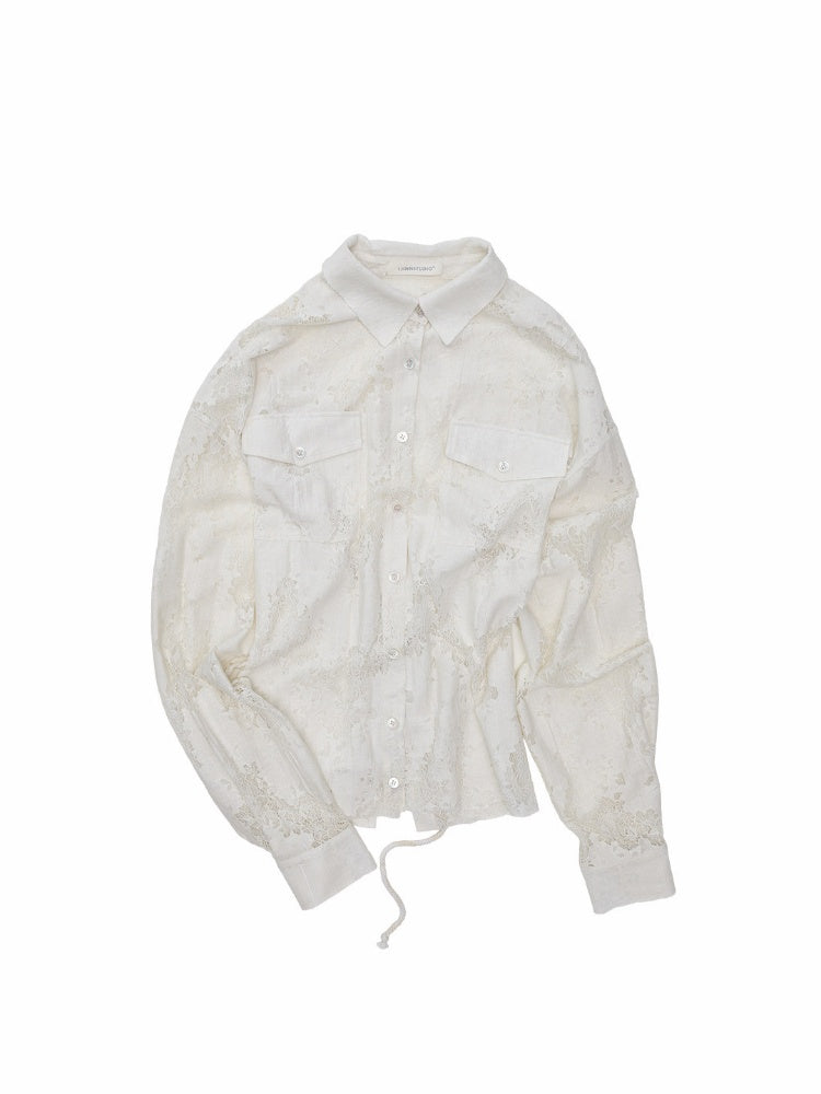 Vintage Jacquard Lace Loose Silhouette Shirt Waist-Cinching Hem Frayed Subtle Sheer Tops【s0000017836】