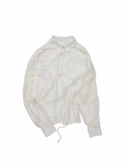 Vintage Jacquard Lace Loose Silhouette Shirt Waist-Cinching Hem Frayed Subtle Sheer Tops【s0000017836】