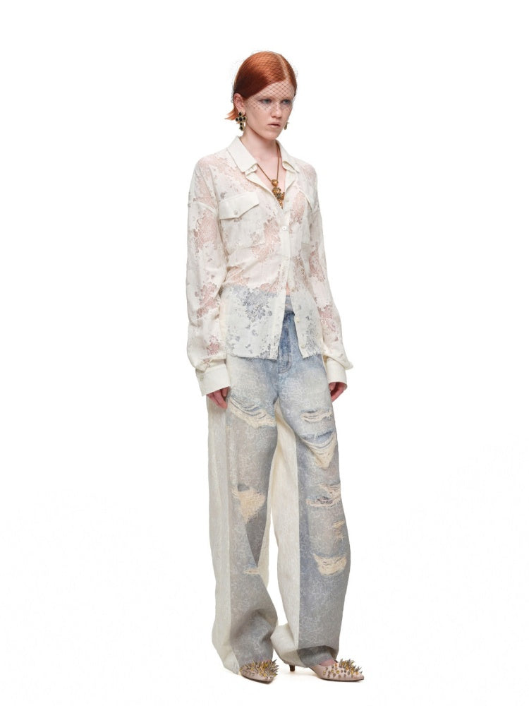 Vintage Jacquard Lace Loose Silhouette Shirt Waist-Cinching Hem Frayed Subtle Sheer Tops【s0000017836】