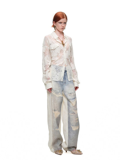 Vintage Jacquard Lace Loose Silhouette Shirt Waist-Cinching Hem Frayed Subtle Sheer Tops【s0000017836】