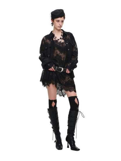 Vintage Jacquard Lace Loose Silhouette Shirt Waist-Cinching Hem Frayed Subtle Sheer Tops【s0000017836】