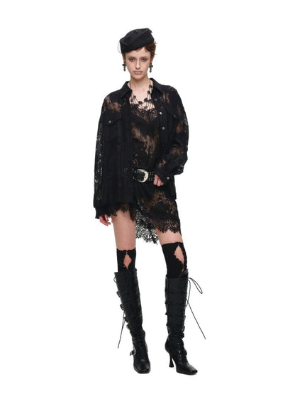 Vintage Jacquard Lace Loose Silhouette Shirt Waist-Cinching Hem Frayed Subtle Sheer Tops【s0000017836】