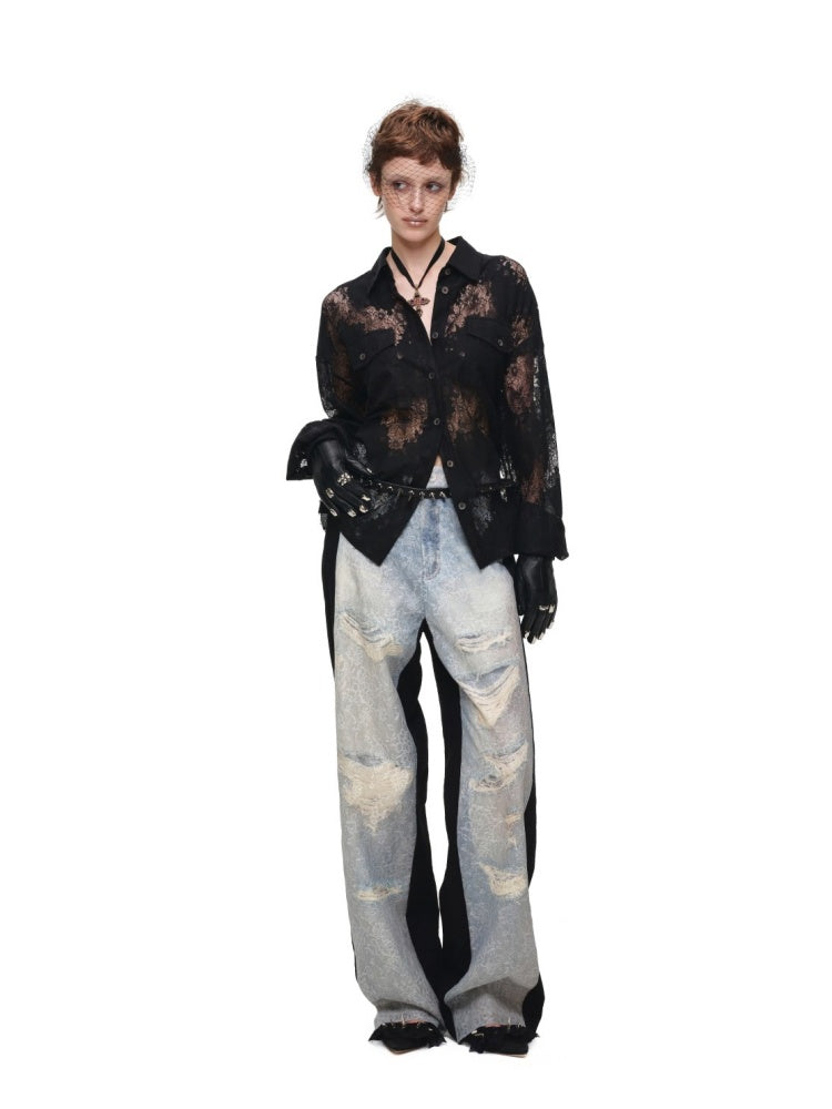 Vintage Jacquard Lace Loose Silhouette Shirt Waist-Cinching Hem Frayed Subtle Sheer Tops【s0000017836】