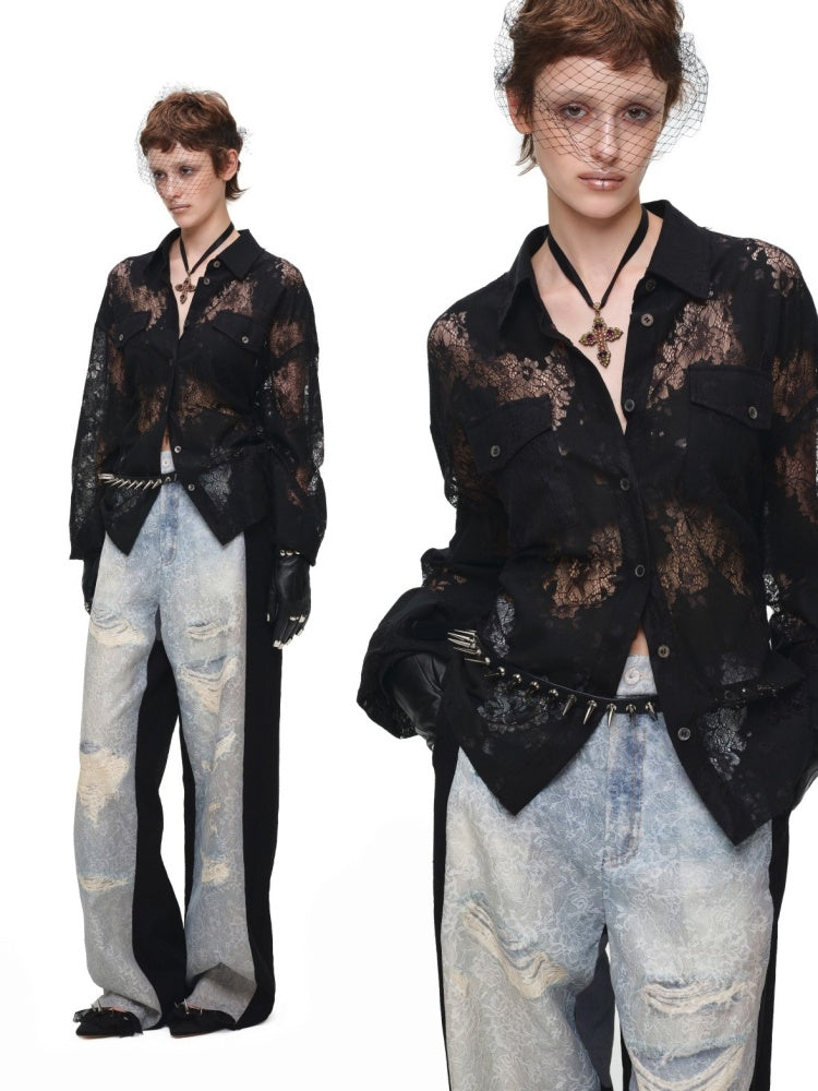 Vintage Jacquard Lace Loose Silhouette Shirt Waist-Cinching Hem Frayed Subtle Sheer Tops【s0000017836】