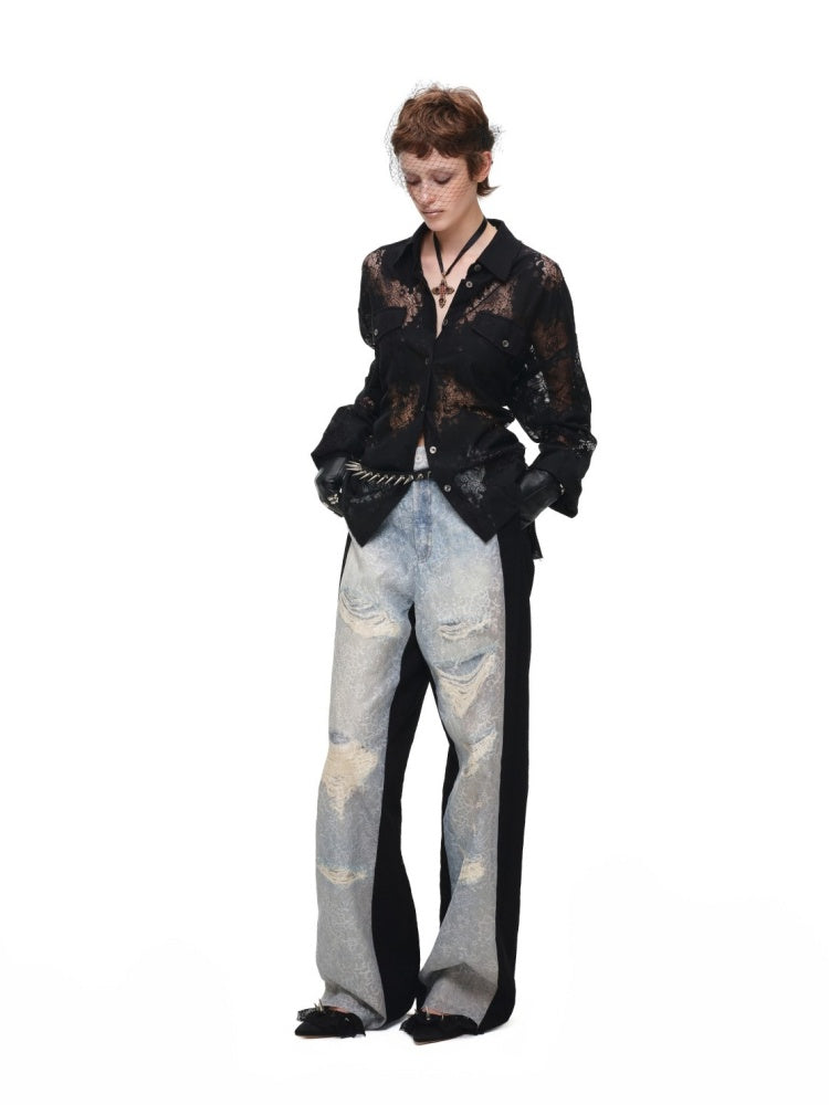 Vintage Jacquard Lace Loose Silhouette Shirt Waist-Cinching Hem Frayed Subtle Sheer Tops【s0000017836】