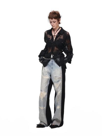 Vintage Jacquard Lace Loose Silhouette Shirt Waist-Cinching Hem Frayed Subtle Sheer Tops【s0000017836】