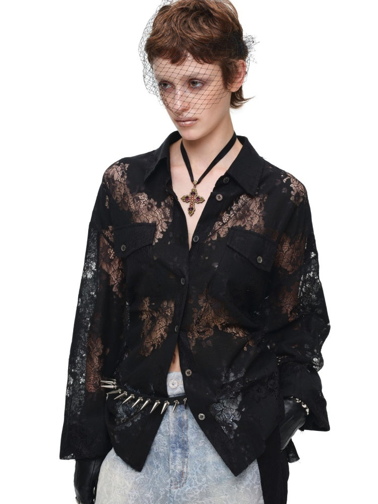 Vintage Jacquard Lace Loose Silhouette Shirt Waist-Cinching Hem Frayed Subtle Sheer Tops【s0000017836】