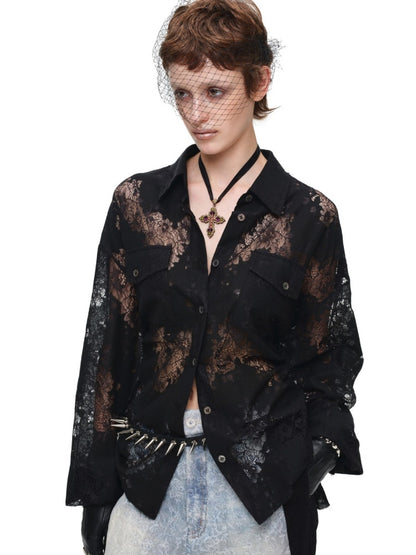 Vintage Jacquard Lace Loose Silhouette Shirt Waist-Cinching Hem Frayed Subtle Sheer Tops【s0000017836】