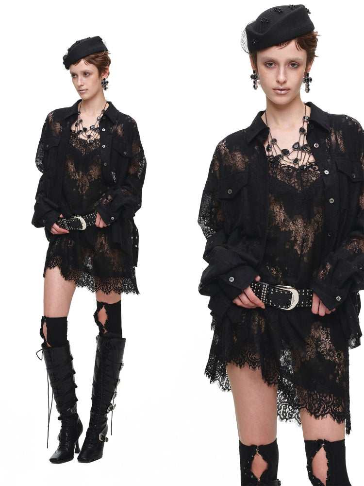 Vintage Jacquard Lace Loose Silhouette Shirt Waist-Cinching Hem Frayed Subtle Sheer Tops【s0000017836】