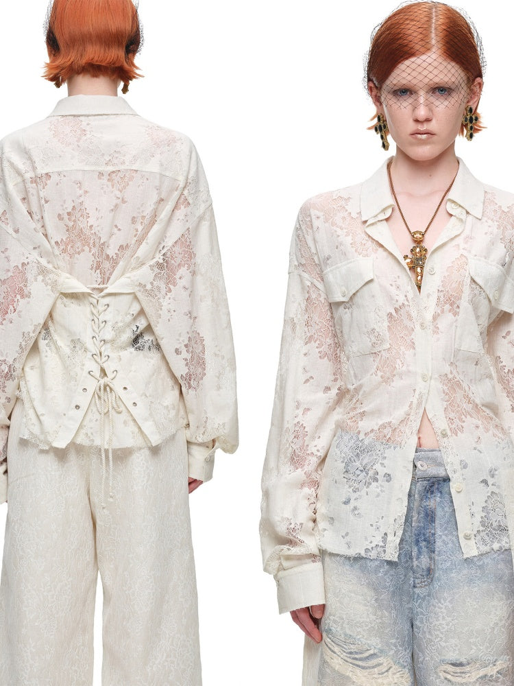 Vintage Jacquard Lace Loose Silhouette Shirt Waist-Cinching Hem Frayed Subtle Sheer Tops【s0000017836】
