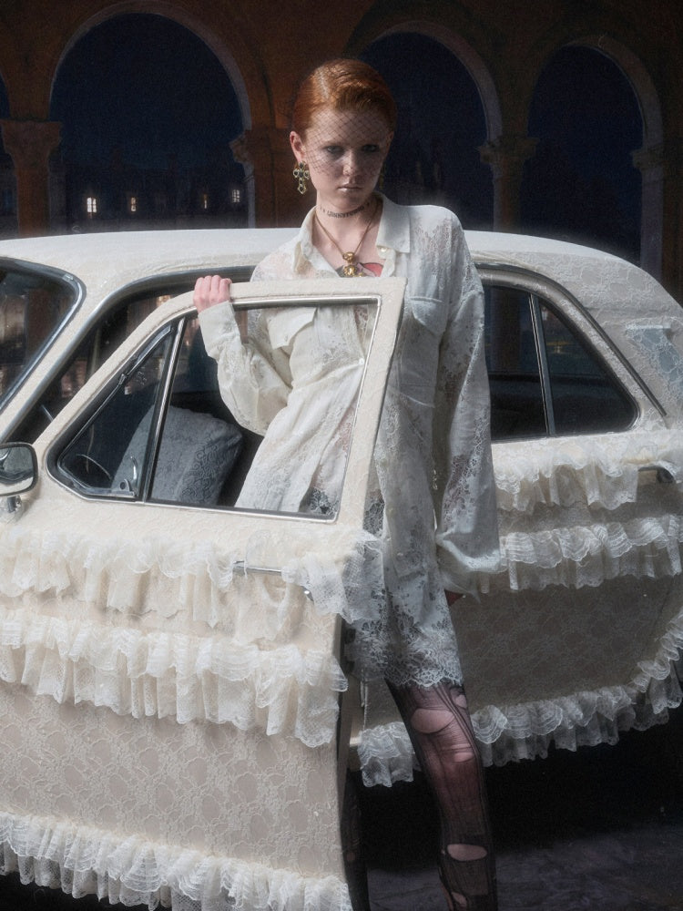 Vintage Jacquard Lace Loose Silhouette Shirt Waist-Cinching Hem Frayed Subtle Sheer Tops【s0000017836】