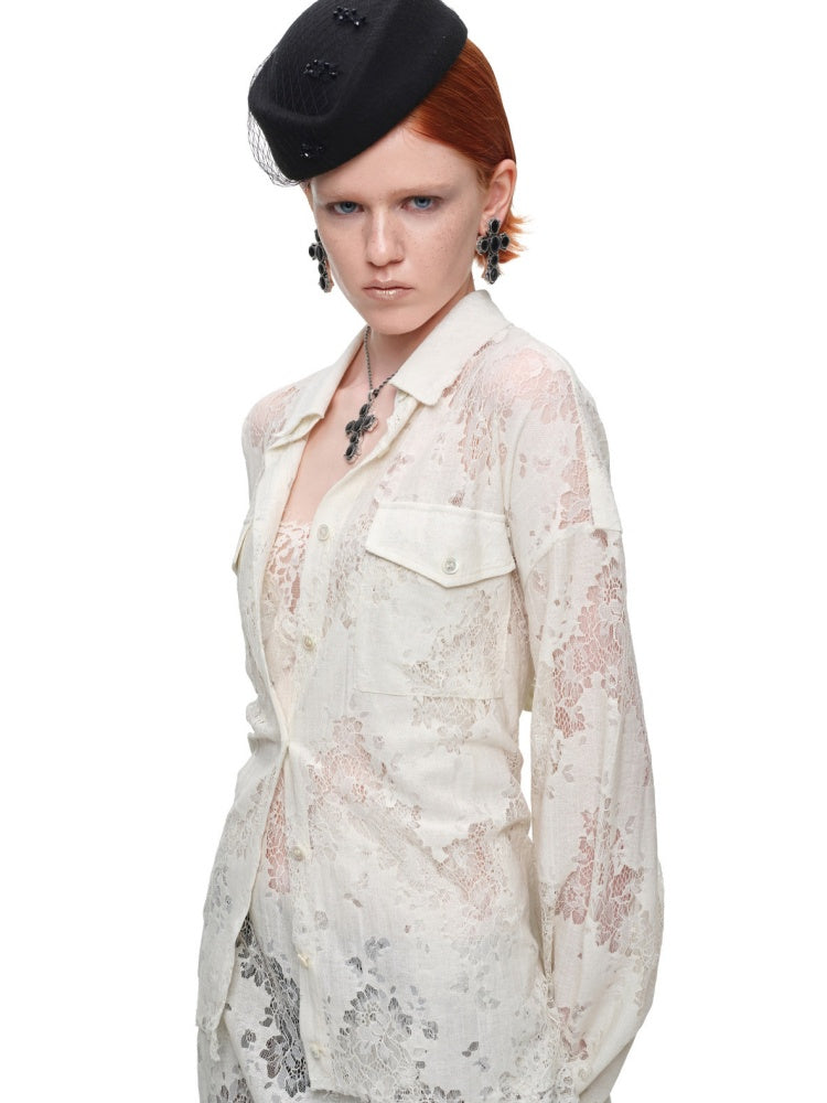 Vintage Jacquard Lace Loose Silhouette Shirt Waist-Cinching Hem Frayed Subtle Sheer Tops【s0000017836】