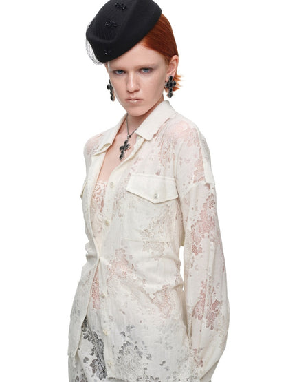 Vintage Jacquard Lace Loose Silhouette Shirt Waist-Cinching Hem Frayed Subtle Sheer Tops【s0000017836】